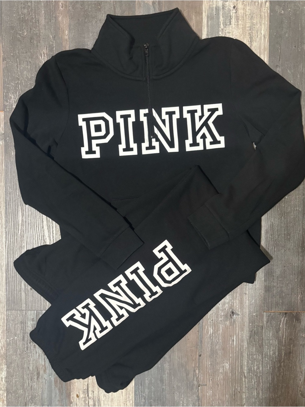 PINK Victoria's Secret Black Half-Zip Logo Pullover and Jogger Set